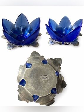 Vintage French Blue Glass Candleholder Handmade Pewter Base “Fait Main” 95%